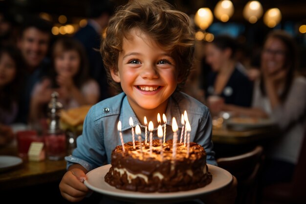 Boy holding delicious birthday cake