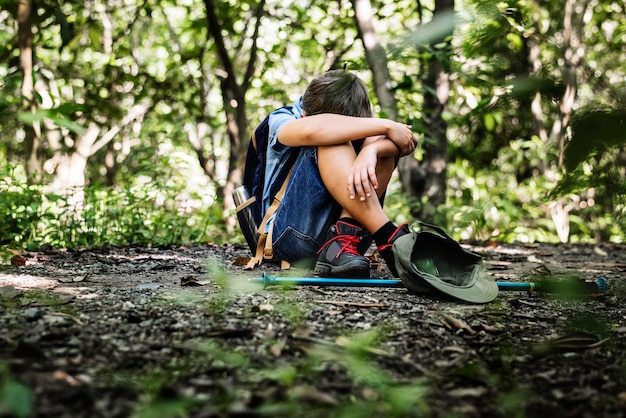 Boy lost and sad in the forest