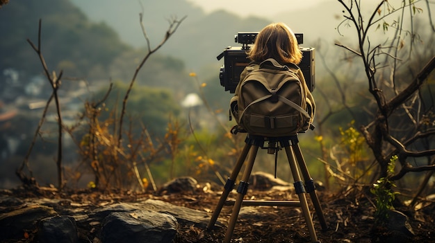 Free photo boy photographer in evening mountain