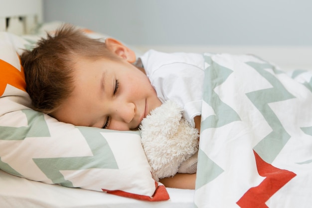 Free photo boy sleeping with his favorite toy