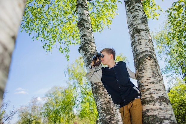 Free Photo boy with binoculars in a tree