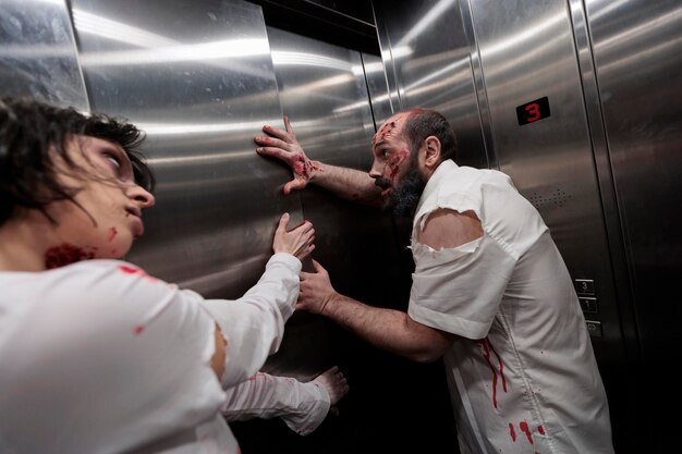 Brain eating monsters crawling in elevator to escape and attack people, walking dead massacre with creepy devil zombies. Horrific eerie corpses with wounds and scars, undead abusive violence.