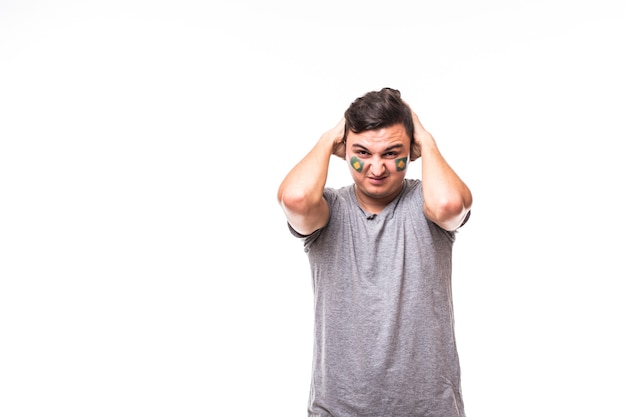 Brazil lose. Unhappy and Failure of goal or lose game emotions of Brazil football fan in game supporting of Brazil national team on white background. Football fans concept.