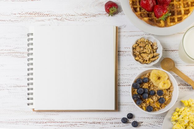 Breakfast dishes next to notebook