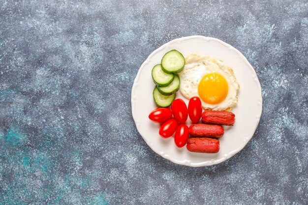 A breakfast plate containing cocktail sausages,fried eggs,cherry tomatoes,sweets,fruits and a glass of peach juice.