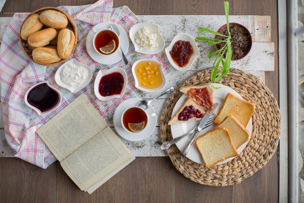 Breakfast set on the table top view