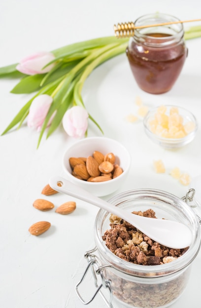 Breakfast with cereals and fruits