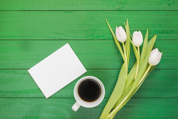 Breakfast with coffee cup and flowers