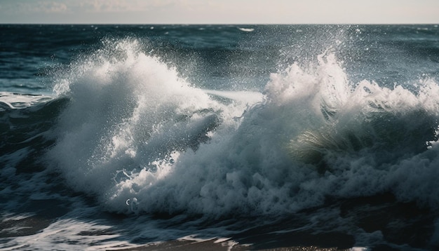 Breaking wave crashes on sandy tropical coast generated by AI