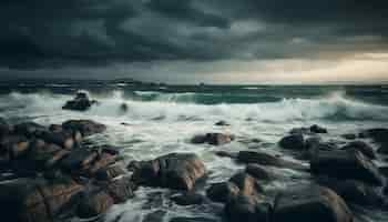 Free photo breaking waves crash against rocky coastline at dusk generated by ai