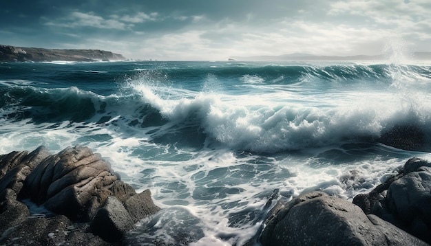 Breaking waves crash on rocky coastline splashing spray generated by AI