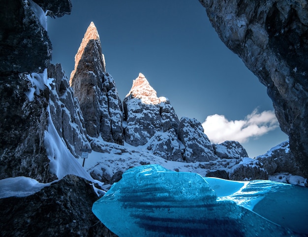 Breathtaking scenery of the snowy rocks at Dolomiten, Italian Alps in winter