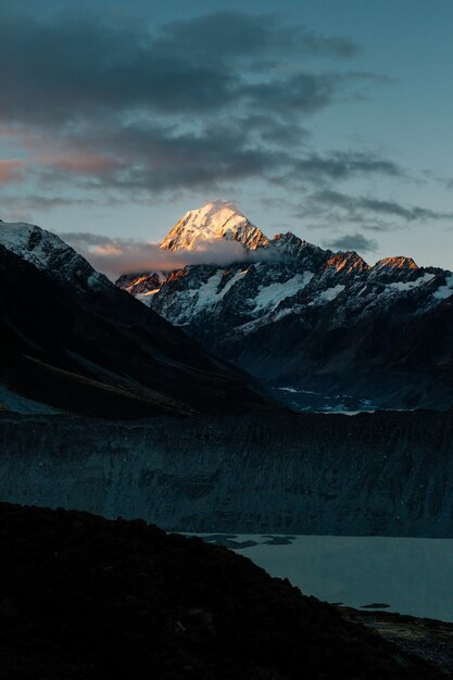 Breathtaking shot of an Aoraki Mount Cook at sunset, Canterbury, New Zealand