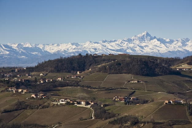 Breathtaking shot of the houses with the snow-capped mountains