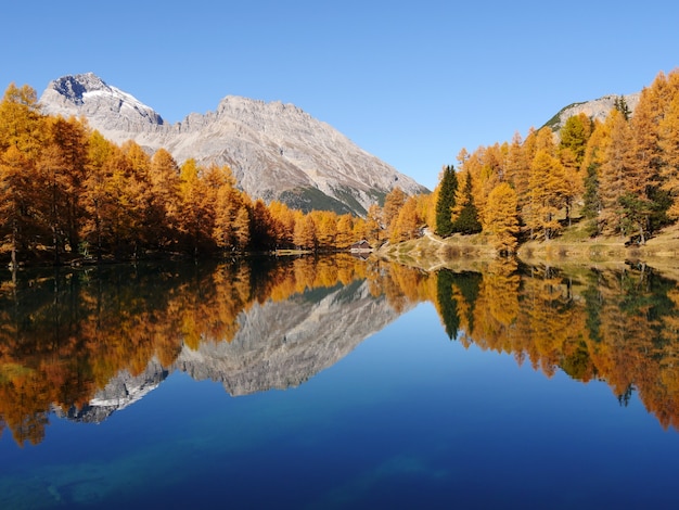 Breathtaking shot of a reflective lake on a mountain landscape surface