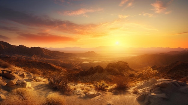 A breathtaking sunset casting golden hues over the vast desert expanse