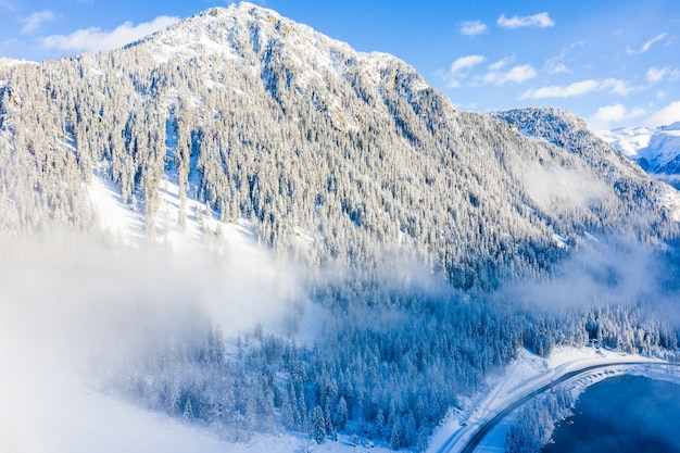 Breathtaking view of forested mountains covered in snow at daytime