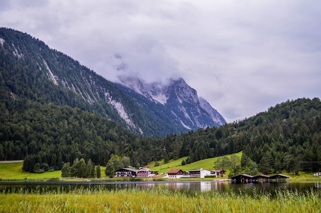 Free photo breathtaking view of the river among the green trees and snow-capped mountain under a cloudy sky