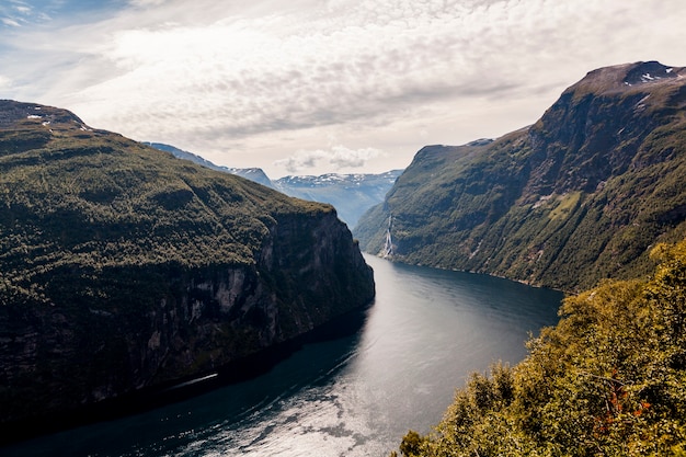 Free Photo breathtaking view of sunnylvsfjorden fjord and famous seven sisters waterfall; norway