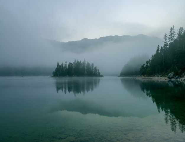 Breathtaking view of Zugspitze lake surrounded with forests in Eibsee