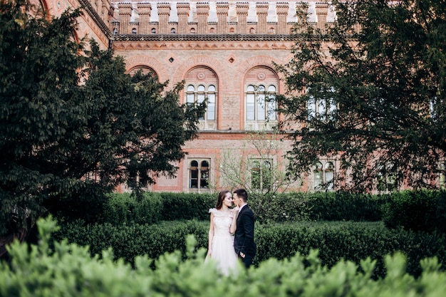 The bride and groom embracing in the park