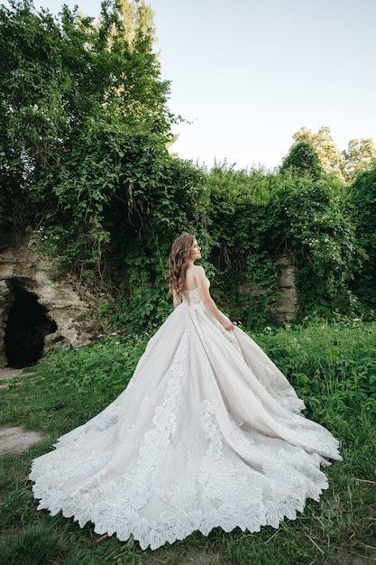 The bride is in a gorgeous dress in nature