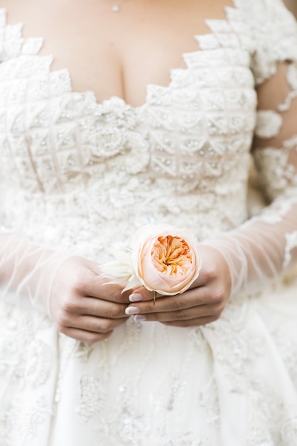 Free Photo bride in rich dress holds beige boutonniere