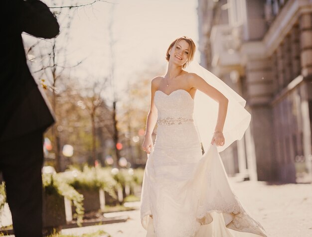 Bride smiling to his husband