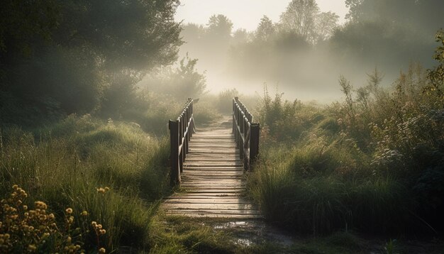 A bridge in the fog with the word bridge on it