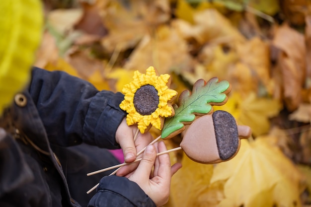 Free Photo bright autumn handmade gingerbread cookies on sticks in the hands of a child for a walk in the autumn forest.