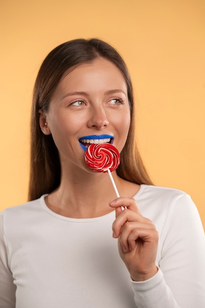 Bright blue lips portrait with copy space