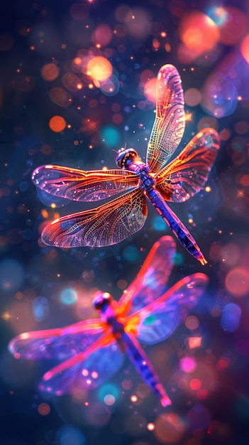 Free photo bright dragonfly with neon shades