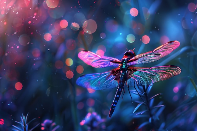 Free photo bright dragonfly with neon shades