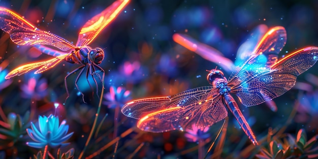 Free photo bright dragonfly with neon shades