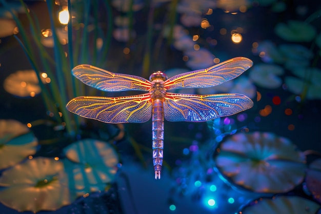 Free Photo bright dragonfly with neon shades