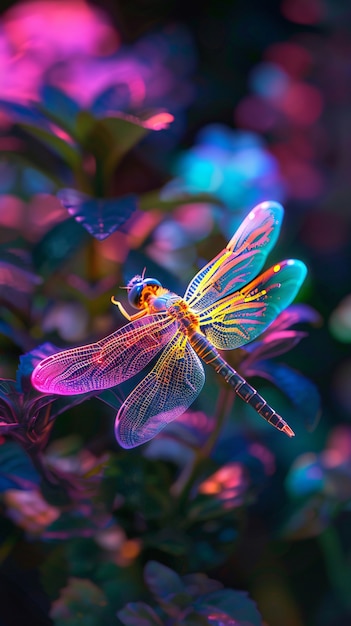 Free photo bright dragonfly with neon shades