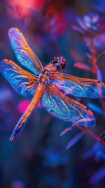 Free photo bright dragonfly with neon shades