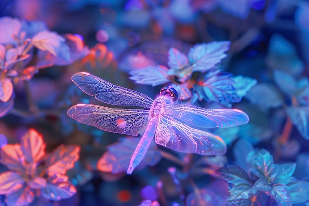 Free photo bright dragonfly with neon shades