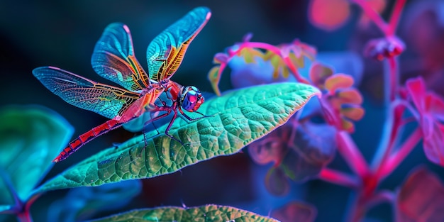 Free photo bright dragonfly with neon shades