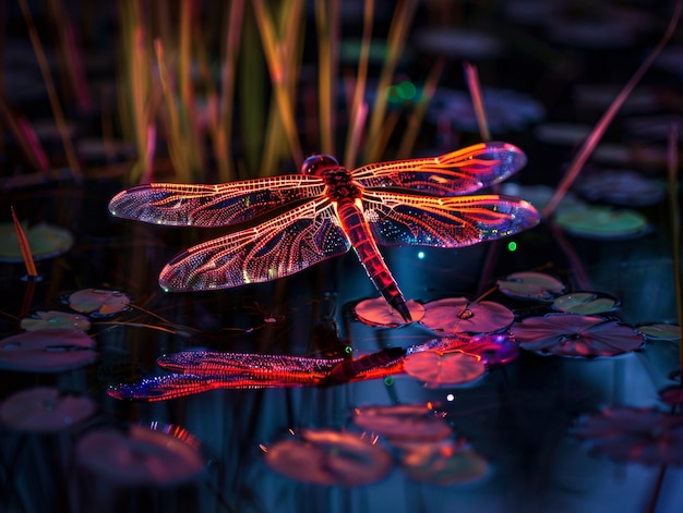 Free photo bright dragonfly with neon shades