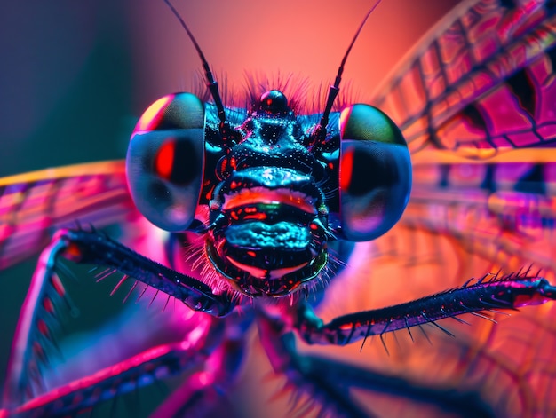 Free Photo bright dragonfly with neon shades