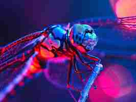 Free photo bright dragonfly with neon shades