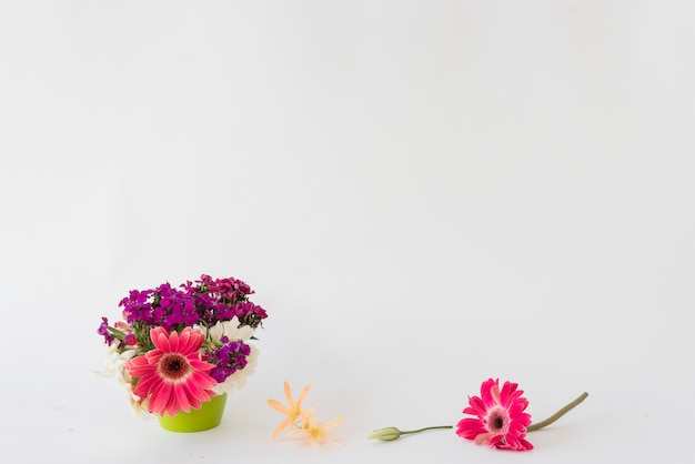 Bright flowers near pot