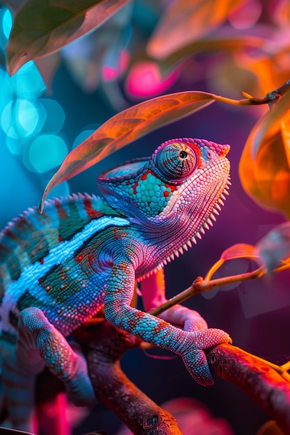 Free Photo bright neon colors shining on wild chameleon