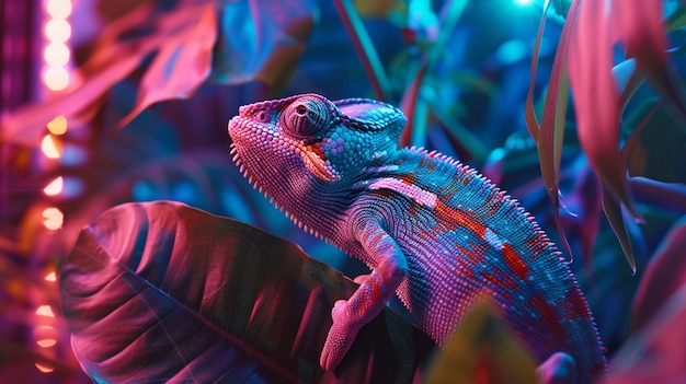 Free Photo bright neon colors shining on wild chameleon