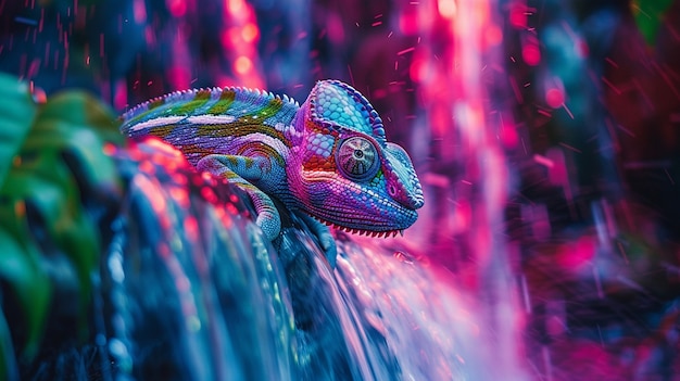 Free Photo bright neon colors shining on wild chameleon