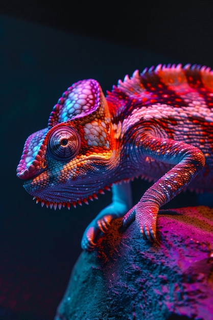 Free Photo bright neon colors shining on wild chameleon