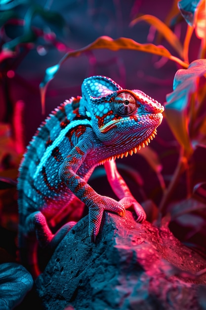 Bright neon colors shining on wild chameleon