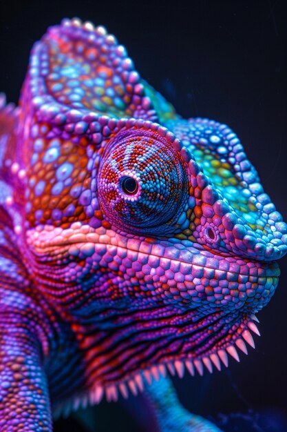 Bright neon colors shining on wild chameleon