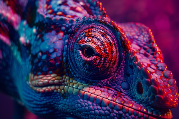 Bright neon colors shining on wild chameleon